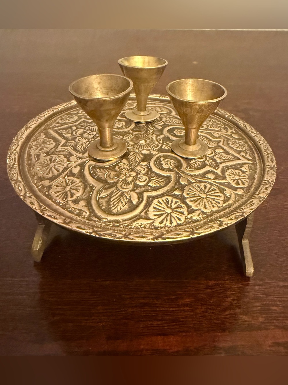 Vintage Solid Brass Miniature Dollhouse Etched Coffee Table & 3 Chalices Goblets